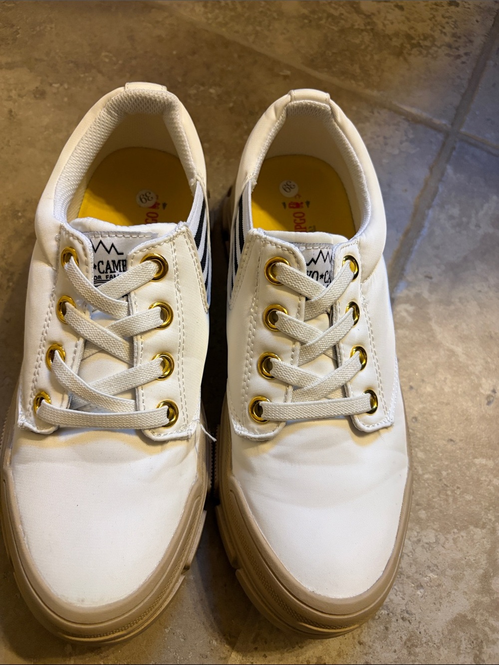 Tokyo Campgo White Canvas Shoes with Gold Eyelets